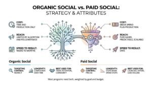 Organic social vs. paid social comparison infographic contrasting cost, reach, speed, targeting control, longevity, and use cases, illustrated with a rooted digital tree beside a paid conversion funnel.