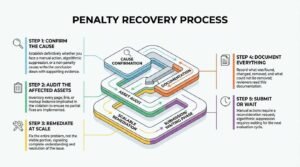 Step-by-step Google penalty recovery process infographic showing a 5-step isometric workflow: confirming the cause, auditing affected assets, remediating at scale, documenting everything, and submitting a reconsideration request or waiting for re-evaluation.