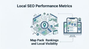 Infographic titled Local SEO Performance Metrics focusing on Map Pack Rankings and Local Visibility, showing a local grid map audit feeding into mobile and desktop Google search results.