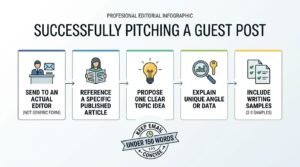 Infographic breaking down how to successfully pitch a guest post across five stages—finding the actual editor rather than using generic forms, referencing a specific published article, pitching one clear topic idea, showcasing a unique angle or data, and including 2–3 relevant writing samples—under the overarching rule to keep the entire email under 150 words.