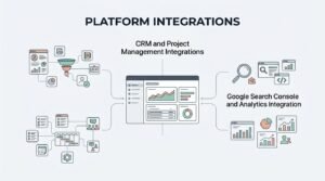 Infographic titled Platform Integrations illustrating CRM and project management connections alongside Google Search Console and analytics integrations feeding into a central agency dashboard