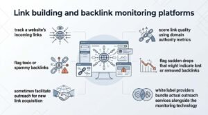 Infographic titled Link building and backlink monitoring platforms outlining core platform features: tracking incoming links, scoring link quality, flagging toxic backlinks, detecting lost links, and facilitating outreach workflows.