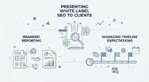 Infographic titled Presenting White Label SEO to Clients outlining branded reporting workflows and strategies for managing client timeline expectations.