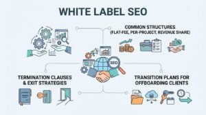 Infographic titled White Label SEO covering common pricing structures like flat-fee, per-project, and revenue share, along with termination clauses and offboarding transition plans.