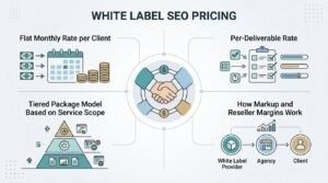 Infographic titled White Label SEO Pricing outlining pricing models including flat monthly rates, per-deliverable rates, tiered packages, and how markup and reseller margins work