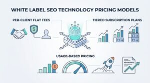 Infographic titled White Label SEO Technology Pricing Models comparing per-client flat fees, tiered subscription plans, and usage-based pricing models.