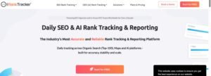 ProRankTracker homepage hero section titled 'Daily SEO & AI Rank Tracking & Reporting' featuring call-to-action buttons for Start for FREE and Book a Demo alongside ranking preview cards.