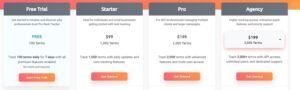 ProRankTracker subscription pricing table comparing Free Trial (100 terms), Starter at $99 (1,000 terms), Pro at $149 (2,000 terms), and Agency at $199 (3,000 terms).