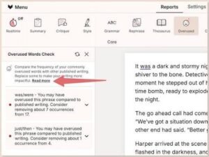 ProWritingAid web editor displaying the Overused Words Check report sidebar analyzing repetition of was/were and just/then within a creative writing draft.