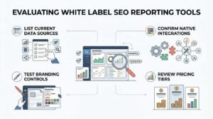 Infographic titled Evaluating White Label SEO Reporting Tools detailing a four-step framework: listing data sources, confirming native integrations, testing branding controls, and reviewing pricing tiers.