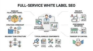 Infographic titled Full-Service White Label SEO illustrating partner management workflows, bundled components, project roadmaps, and agency reporting structures.