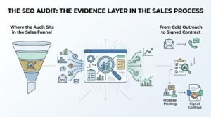 Infographic titled The SEO Audit: The Evidence Layer in the Sales Process detailing where audits sit in the sales funnel and the stages from cold outreach to a signed contract.