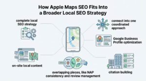 Infographic titled How Apple Maps SEO Fits Into a Broader Local SEO Strategy illustrating a complete local SEO strategy, coordinated multichannel approach, Google Business Profile optimization, on-site local content, overlapping pieces like NAP consistency and review management, and citation building centered around a mobile smartphone displaying an Apple Maps interface.