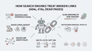 Infographic titled HOW SEARCH ENGINES TREAT BROKEN LINKS (404s, 410s, DEAD PAGES) featuring a central search engine robot inspecting a severed chain link, surrounded by key impacts: Negative User Experience Signal, Slow Indexing of New Content, Waste Crawl Budget, Faster Index Removal with 410, Dilute Link Graph Value, and a technical comparison of 404 vs. 410 vs. Soft 404.