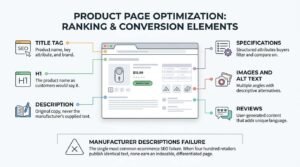 Product page optimization infographic illustrating key ranking and conversion elements on an e-commerce product detail page, highlighting title tags, H1 headers, original descriptions, specifications, image alt text, and customer reviews.