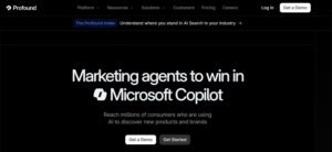 Profound homepage hero section displaying the headline 'Marketing agents to win in Microsoft Copilot', notification link for The Profound Index, and call-to-action buttons.
