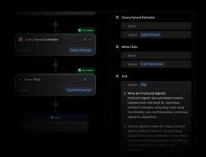 Profound agent workflow builder interface displaying sequential steps for 'Query Fanout Estimator' and 'Write FAQs' alongside generated FAQ content output.