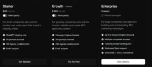 Profound subscription pricing cards comparing Starter at $99/mo, Growth at $399/mo with a 'Popular' tag, and custom Enterprise tiers for AI search tracking.