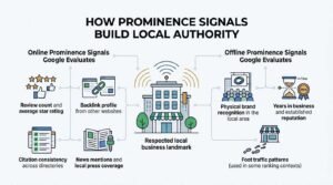 Infographic titled HOW PROMINENCE SIGNALS BUILD LOCAL AUTHORITY categorizing Online Prominence Signals (reviews, backlinks, citations, news mentions) and Offline Prominence Signals (brand recognition, years in business, foot traffic) around a central respected local business landmark emitting radio signals.