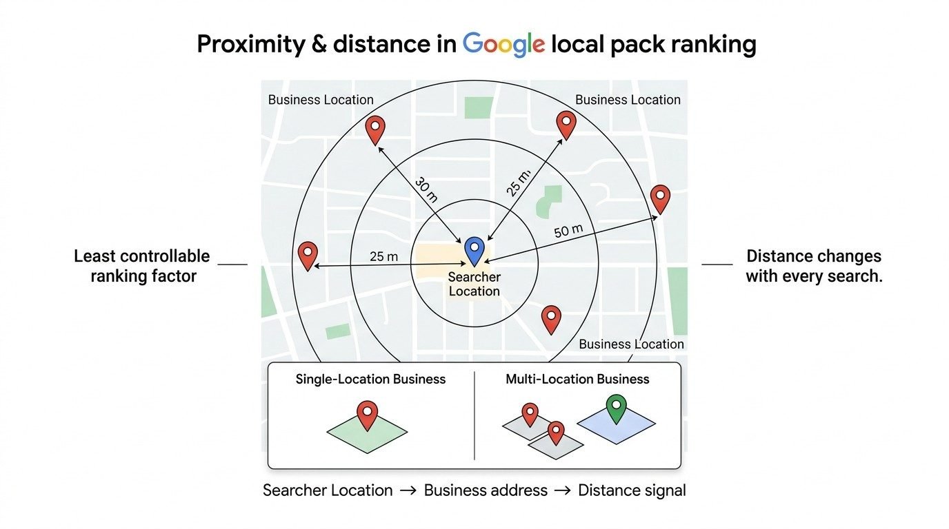 Infographic illustrating how proximity and distance influence Google local pack rankings, with a map showing varying distances between the searcher’s location and single- and multi-location businesses.