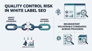 Infographic titled QUALITY CONTROL RISK IN WHITE LABEL SEO illustrating a broken chain between agency brand standards and finished SEO work, leading to rising client churn and inconsistent deliverable standards across providers.