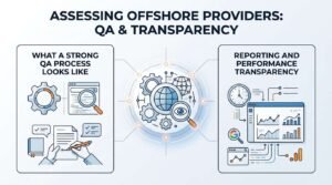 Infographic titled ASSESSING OFFSHORE PROVIDERS: QA & TRANSPARENCY contrasting quality assurance workflows against reporting and performance transparency around a central global audit hub.