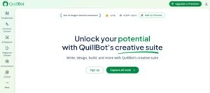 QuillBot homepage hero section titled 'Unlock your potential with QuillBot's creative suite' featuring Chrome extension ratings, tool navigation, and Sign up buttons.