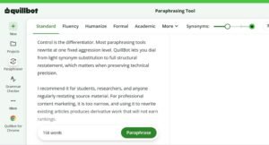 QuillBot Paraphrasing Tool web application workspace displaying 158 words of input text, a Synonyms slider, mode tabs, and a green Paraphrase button.