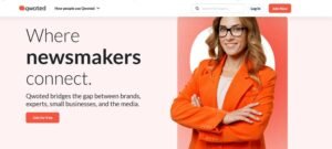 Screenshot of the Qwoted homepage featuring the headline 'Where newsmakers connect' alongside an image of a smiling professional woman in glasses and an orange suit with arms crossed.