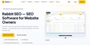 "Rabbit SEO homepage hero section titled 'Rabbit SEO — SEO Software for Website Owners' with call-to-action buttons for Start Free Trial and See the product alongside a software dashboard preview.