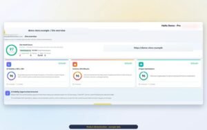 Rabbit SEO site overview audit dashboard for demo-store.example showing a Site Health Score of 97, AI Visibility score of 96, Schema score of 96, and an AI Visibility Opportunities Detected alert card.