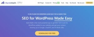 Rank Math SEO homepage hero section featuring the headline 'SEO for WordPress Made Easy', subtext promoting visibility in Google and ChatGPT, and a yellow 'DOWNLOAD FOR FREE' button on a blue-to-purple gradient background.