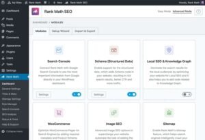 Rank Math SEO WordPress plugin modules dashboard in Advanced Mode displaying feature toggle cards for Search Console, Schema Structured Data, Local SEO and Knowledge Graph, WooCommerce, Image SEO, and Sitemap.