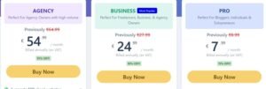 Rank Math pricing comparison cards displaying discounted annual rates for Agency at €54.99/month, Business at €24.99/month, and Pro at €7.99/month with yellow 'Buy Now' buttons.