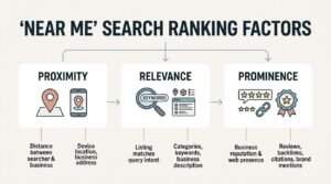 nfographic titled ‘NEAR ME’ SEARCH RANKING FACTORS displaying three core pillars: PROXIMITY detailing distance between searcher and business alongside device location, RELEVANCE highlighting query intent matching and category/keyword descriptions, and PROMINENCE detailing business reputation, web presence, reviews, backlinks, citations, and brand mentions