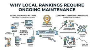 Infographic titled WHY LOCAL RANKINGS REQUIRE ONGOING MAINTENANCE comparing an active maintenance cycle (Google Rewards Activity: earning reviews, updating profile, updated photos, and regular posts) against external pressures (Constantly Shifting Landscape: competitors building citations & reviews, algorithm updates, and changing customer behavior), showing how stagnant profiles drop down while active presence sustains top local rankings.