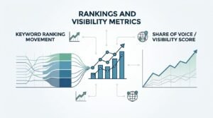 Infographic titled RANKINGS AND VISIBILITY METRICS comparing keyword ranking movement diagrams against share of voice and visibility score trend charts.