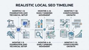 Infographic titled REALISTIC LOCAL SEO TIMELINE organized into three sequential phases: Months 1–3 Foundation and Technical Setup, Months 4–6 Early Ranking Movement, and Months 7–12 Compounding Growth, outlining the tactical progression from technical audits to local pack dominance.