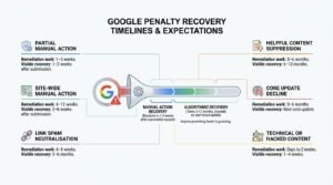 Google penalty recovery timelines and expectations infographic comparing remediation work and visible recovery periods across partial manual actions, site-wide manual actions, link spam neutralization, helpful content suppression, core update declines, and technical or hacked content issues.