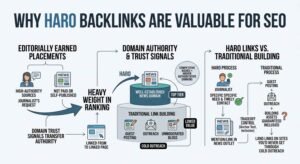 Why HARO backlinks are valuable for SEO infographic, editorially earned placements journalist requests, domain authority trust signals news domains, HARO links vs traditional link building, cold outreach guest posting comparison, high authority PR link building SOP.