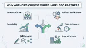 Infographic titled Why Agencies Choose White Label SEO Partners comparing in-house hiring with white-label partners across scalability, time to launch, skill breadth, and cost structure.