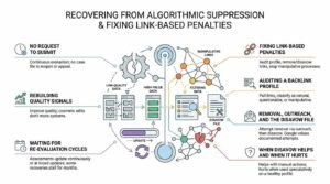 Infographic illustrating strategies for recovering from algorithmic suppression and fixing link-based penalties, showing quality signal rebuilding, backlink profile auditing, outreach removal, and proper disavow file usage.