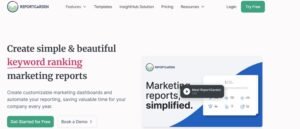 ReportGarden homepage hero banner reading 'Create simple & beautiful keyword ranking marketing reports' with a preview video and call-to-action buttons for Get Started for Free and Book a Demo.