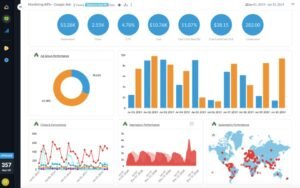 ReportGarden Google Ads KPI dashboard showing 53.28K impressions, 2.55K clicks, $10.76K ad cost, ad group performance donut and bar charts, clicks and conversions timeline, and a geographic performance world map.