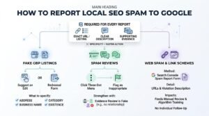 Infographic titled MAIN HEADING HOW TO REPORT LOCAL SEO SPAM TO GOOGLE detailing the requirements for every report—Exact URL / Listing, Clear Description, and Supporting Evidence under the rule 'Specificity = Faster Action'—branching into three reporting categories: Fake GBP Listings (Suggest an Edit or Redressal Form specifying Address, Business Name, Category, Existence), Spam Reviews (Click Three-Dot Menu, Flag as Inappropriate, strengthened with evidence of no relationship), and Web Spam & Link Schemes (via Search Console Spam Report Form feeding manual review and algorithm training with no individual follow-up).
