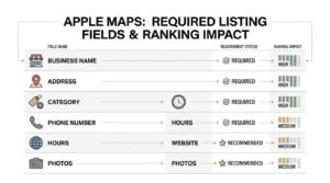 Infographic titled APPLE MAPS: REQUIRED LISTING FIELDS & RANKING IMPACT presenting a structured comparison matrix across Field Name, Requirement Status, and Ranking Impact for Business Name, Address, Category, Phone Number/Hours, Website, and Photos.