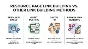 Infographic titled RESOURCE PAGE LINK BUILDING VS. OTHER LINK BUILDING METHODS comparing four strategies: Resource Pages (prospecting-heavy, best when you have a useful existing asset), Guest Posting (writing-heavy, best when you have writers and time), Digital PR (research-heavy, best when you have data or a story), and Broken Link Building (prospecting plus content, best when replacing decaying competitor content).