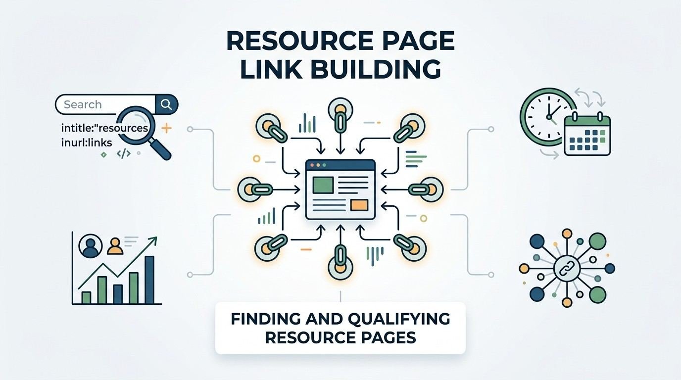 Infographic explaining resource page link building, showing how to find and qualify relevant resource pages, evaluate linking opportunities, and build backlinks through curated resource pages.