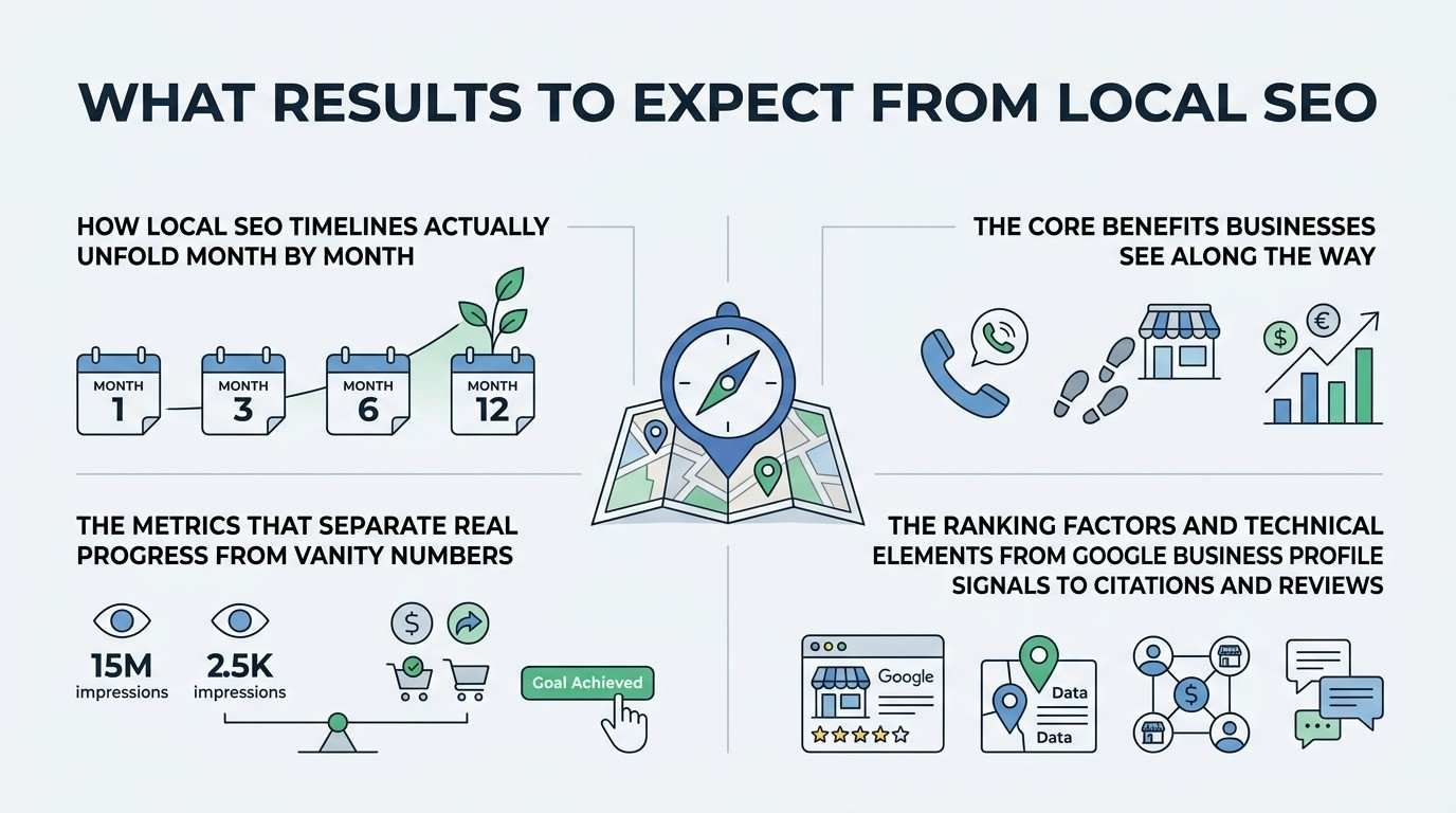 Infographic titled WHAT RESULTS TO EXPECT FROM LOCAL SEO illustrating four modules: month-by-month timelines, core business benefits, vanity vs real progress metrics, and ranking factor technical elements around a central map compass hub.