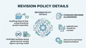 Infographic titled Revision Policy Details defining standard revision allowances, content and technical round limits, out-of-scope quoting rules, and the hidden risks of unlimited revisions.